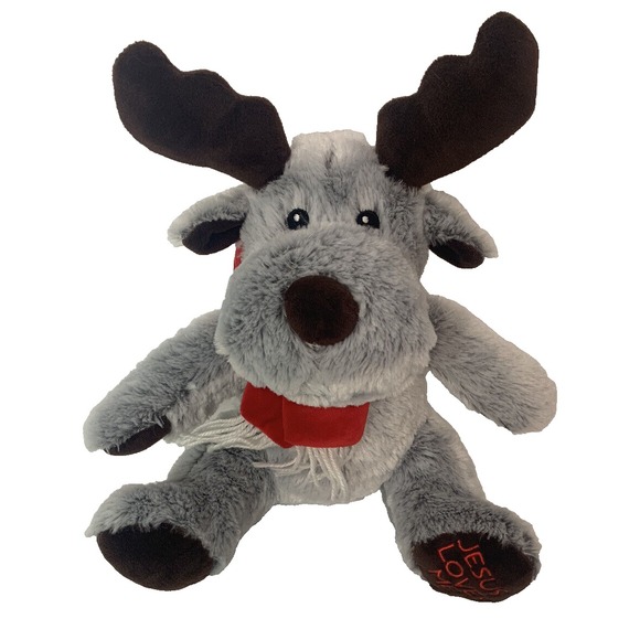 FIESTA Reindeer Plush Moose Soft Red Scarf Jesus Loves Me on Foot 13" Reindeer - Picture 5 of 6
